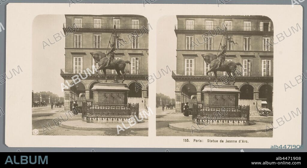 Statue of Joan of Arc on Place des Pyramides in Paris Paris: Joan of Arc statue (title on object), monument, statue, square, place, circus, etc, Joan or Arc (Jeanne d'Arc), possible attributes: armor, banner, lance, sword, Neue Photographische Gesellschaft (mentioned on object), Paris, in or after 1895 - c. 1905, cardboard, photographic paper, gelatin silver print, h 88 mm × w 179 mm.