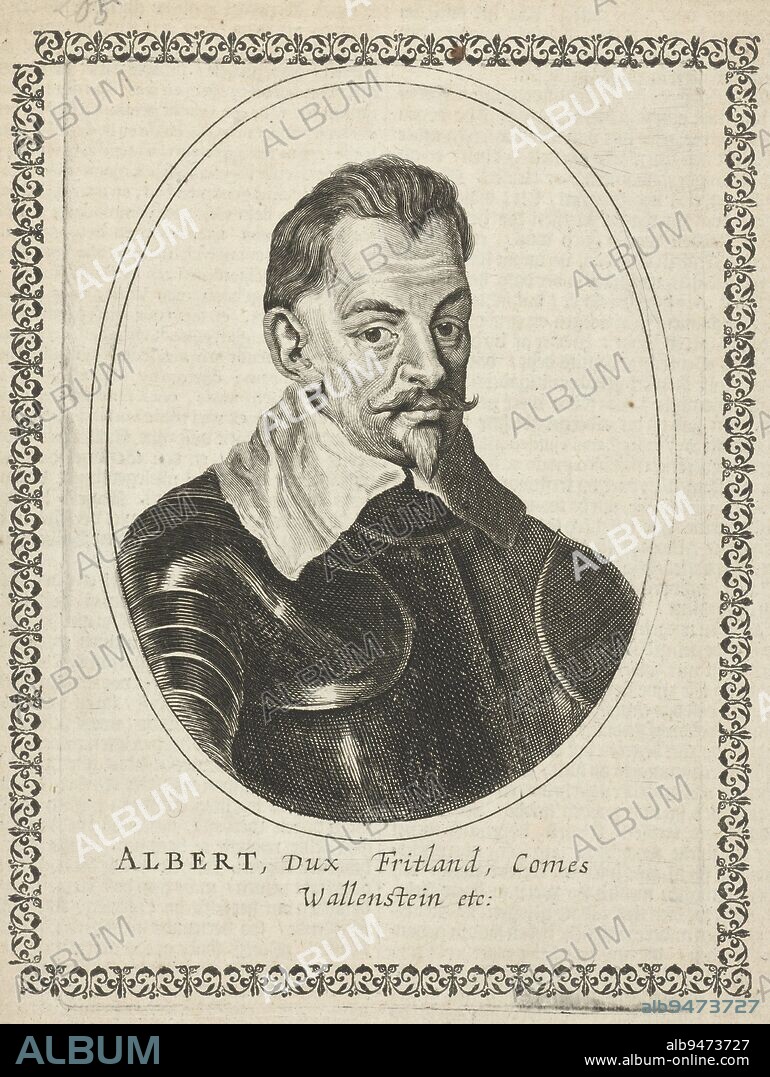 Portrait of Albrecht, Duke of Friedland, chestpiece dressed in armor in oval With letterpress text on verso, Portrait of Albrecht, Duke of Friedland Albert, Dux Fritland, Comes Wallenstein etc: , print maker: Cornelis Danckerts (I), Netherlands, 1613 - 1656, paper, engraving, h 161 mm × w 109 mm.