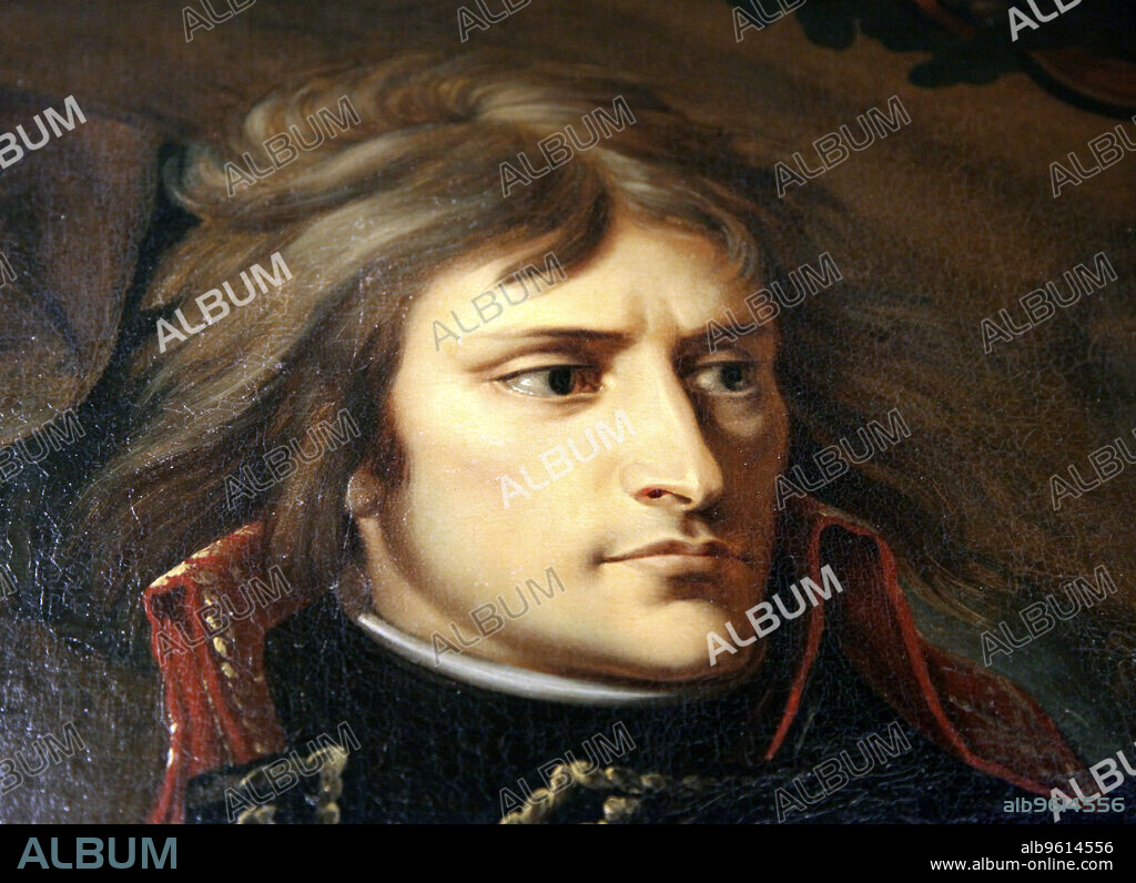 ANTOINE-JEAN GROS. 'Napoleon Bonaparte on the Bridge at Arcole', c1796-c1797. Detail. The French defeated the Austrians on 17 November 1796 after a three day battle at Arcole, Northern Italy. The battle was notable in the rise to prominence of Napoleon Bonaparte (1769-1821). Early in the battle, he seized a flag and attempted to cross the bridge separating the two armies, before being driven back by Austrian fire. After the battle, Napoleon commissioned this heroic portrait of his actions at Arcole. Found in the collection of The Hermitage, St Petersburg.