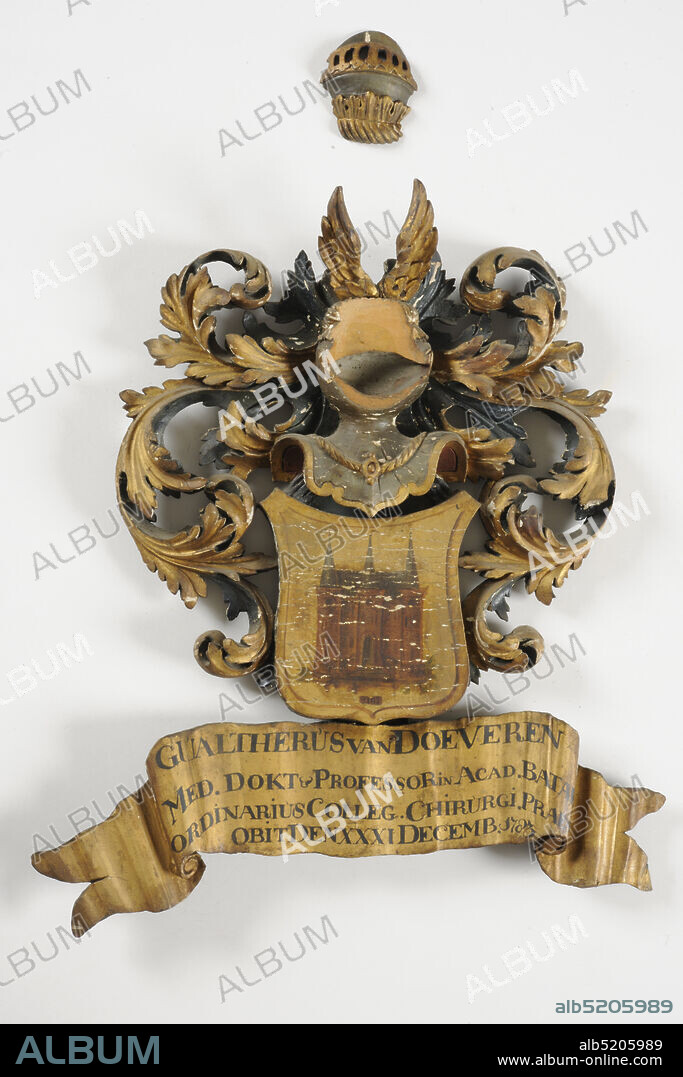 coat of arms, Anonymous, 18th century, General: 44 x 39.5 x 6cm (440 x 395 x 60mm), castle, family crest, Coat of arms with the coat of arms of Gualtherus van Doeveren (Collegium Medicum, born Philippine, November 16, 1730; died Leiden, December 31, 1783) of carved, painted and gilded wood. The shield shows a castle with three towers. Above the shield there is a helmet with two wings as a helmet sign and curls on either side of the shield. Under the shield is a gilded banderole with the black painted inscription GUALTHERUS VAN DOEVEREN MED. DOCKS and PROFESSOR IN ACAD. BATAVA ORDINARIUS COLLEG. SURGERY. PREAS OBIT DEN XXXI DECEMB. 1783, 1884.