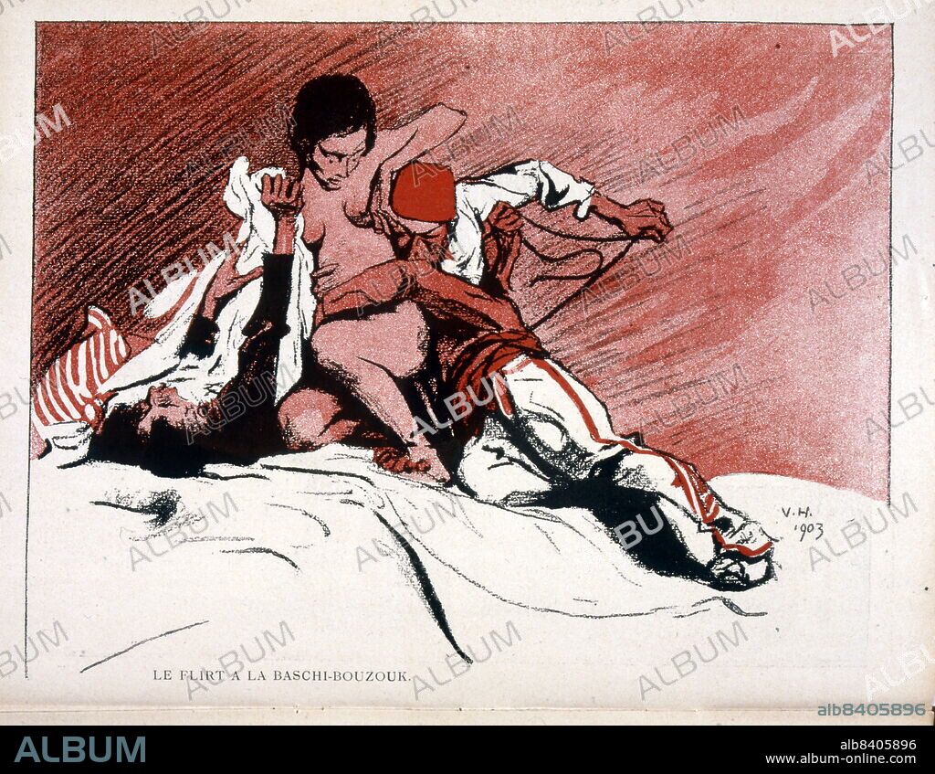 In L'Assiette au Beurre satirical magazine; Coloured drawing of a naked woman wrestling with two men, entitled "Le flirt a la Baschi-Bouzouk".