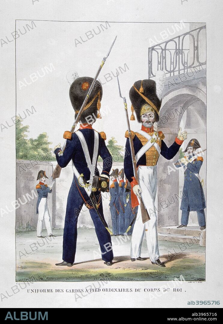 Uniforms of foot soldiers of the French royal corps, 1823.