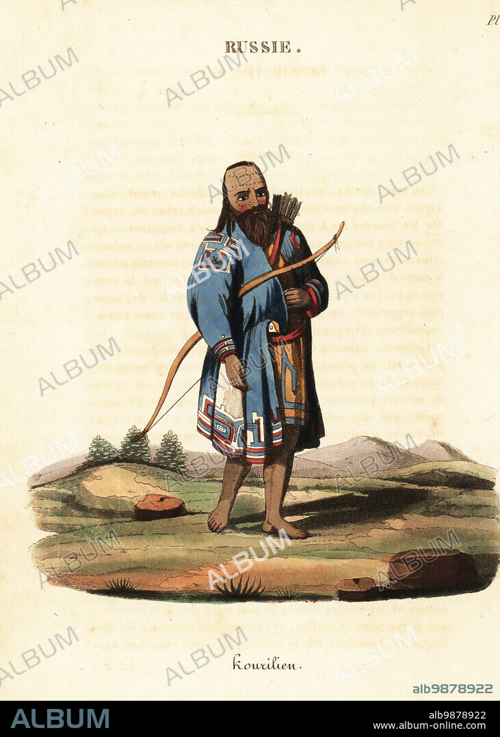 Ainu man of the Kuril Islands (Sakhalin Oblast), Russia, 18th cenutry. He has facial tattoos, embroidered cotton robe, bow and quiver of arrows. Kurilian, Kourilien. Handcoloured copperplate engraving after an illustration by Johann Gottlieb Georgi from J-B. Eyries La Russie: Costumes, Moeurs et Usages des Russes, Russia: Costumes, Manners and Mores of the Russians, Librairie de Gide Fils, Paris, 1823. Jean-Baptiste Eyries (1767-1846) was a French geographer, author and translator.