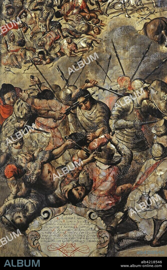 Título: Conquista de México. Autor: Anónimo. Tabla. Pintura al óleo, nácar. Técnica: Enconchado. Forma parte de 6 tablas. Destaca la escena inferior en que los indios hacen prisionero a Cortés, que es rescatado por Cristóbal de Olea junto a otros españoles y Tlaxcaltecas. Detalle. 1766-1700. Escuela Mexicana. Virreinato de Nueva España. México. América del Norte. Museo de América. Madrid. España.