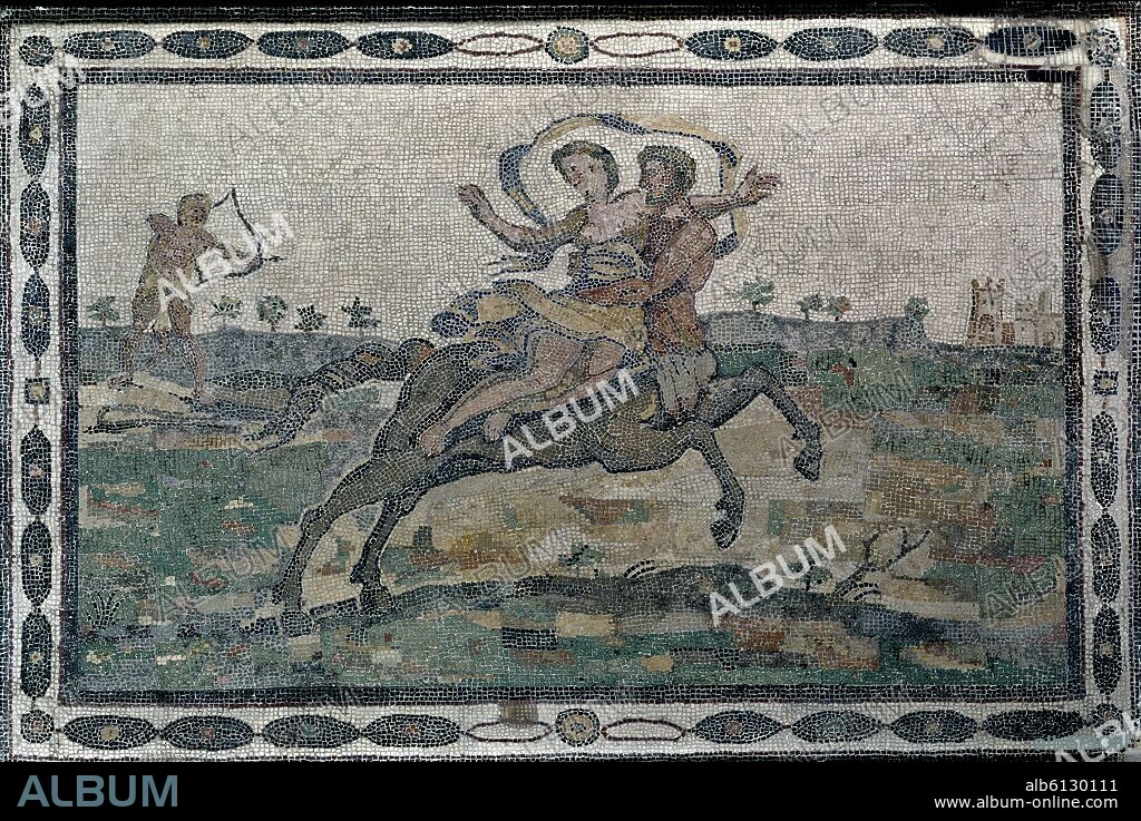 MOSAICO.HAZAÑAS DE HERCULES:RAPTO DE DEYANIRA POR EL CENTAURO NESO.
