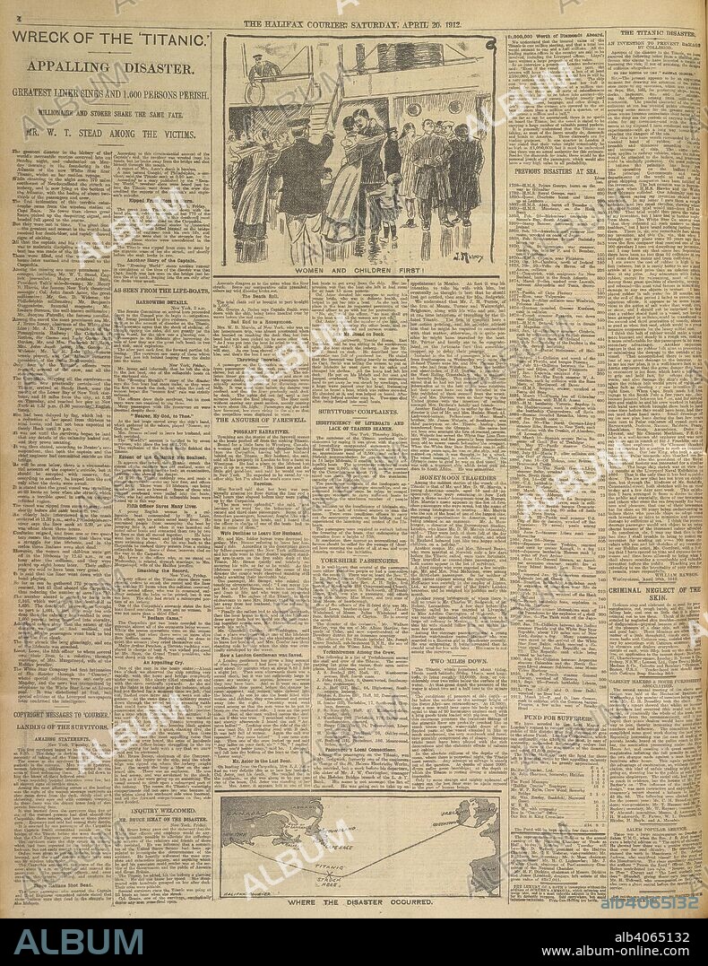 A newspaper report on the 'Titanic disater'. . Halifax Courier. 20th April 1912. Source: Halifax Courier 20th April 1912, p.4.