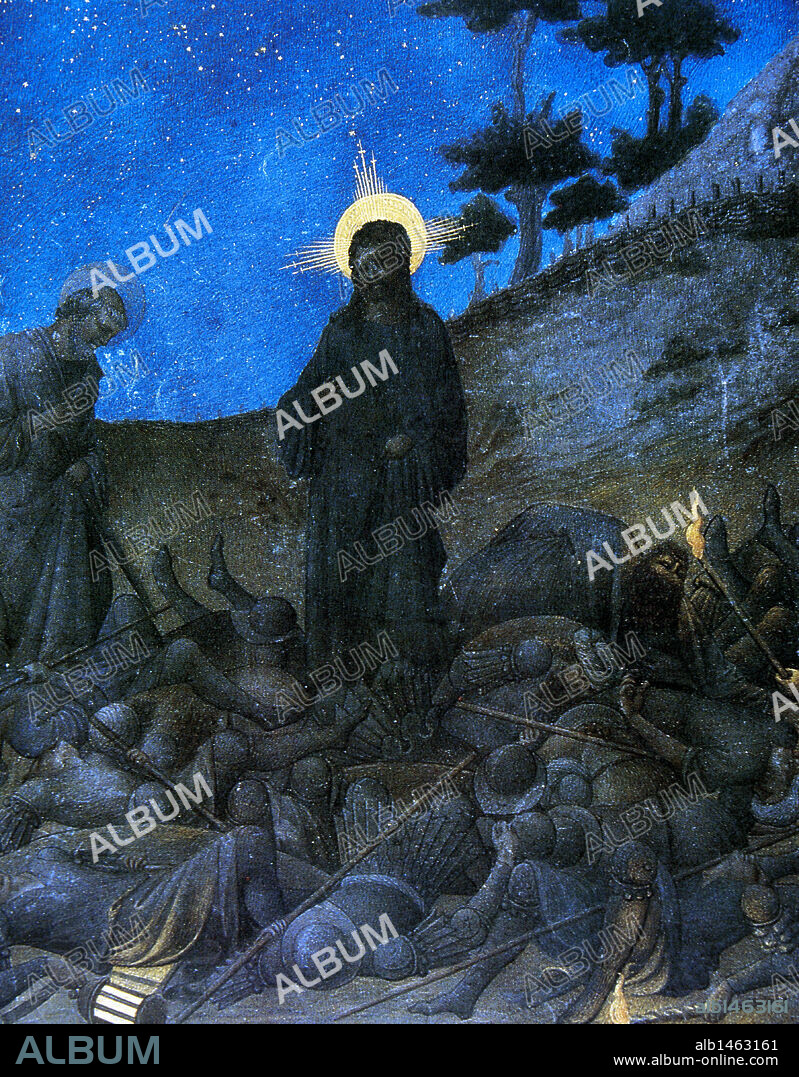 PAUL LIMBOURG. "PRENDIMIENTO DE JESUS EN EL HUERTO DE LOS OLIVOS". Miniatura del "Libro de Horas" del duque de Berry. (S. XV). Castillo de Chantilly. Francia.