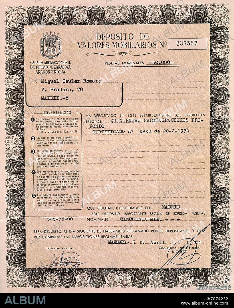 DEPOSITO DE VALORES MOBILIARIOS-MONTE DE PIEDAD DE ZARAGOZA.