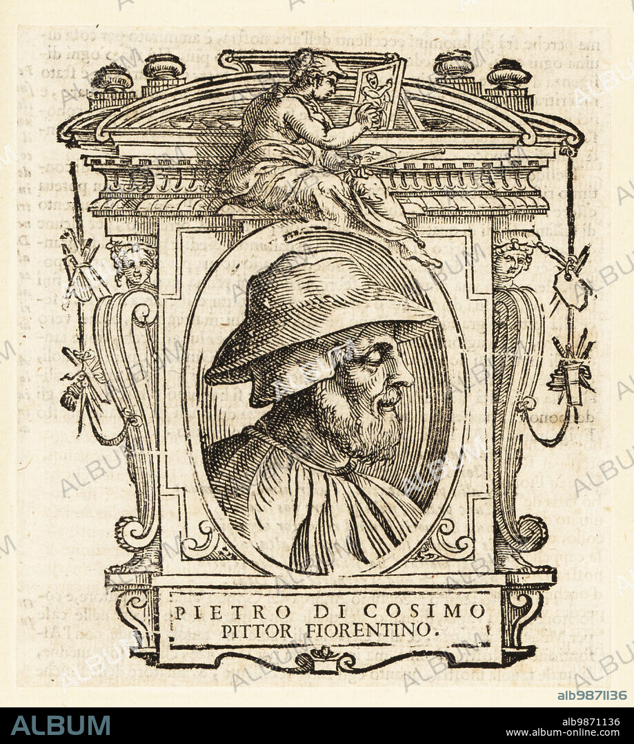 Portrait of Piero di Cosimo also known as Piero di Lorenzo, Italian painter of the Renaissance from Florence, 1462-1522. Pietro di Cosimo Pittor Fiorentino. Woodcut from Giorgio Vasaris Le vite de piu eccellenti pittori, scultori, et architettori, The Lives of the Most Excellent Painters, Sculptors and Architects, Florence, 1678.
