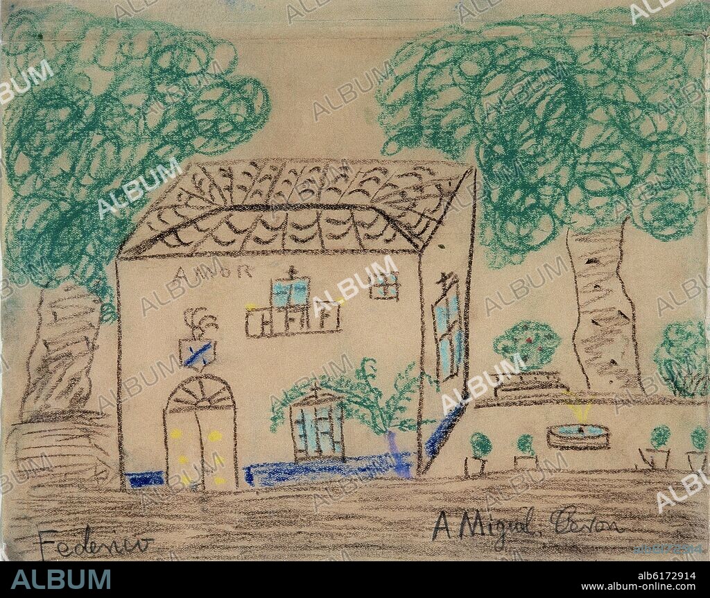 FEDERICO GARCÍA LORCA. DIBUJO"CASA AMOR"DEDICADO A MIGUEL PERON.