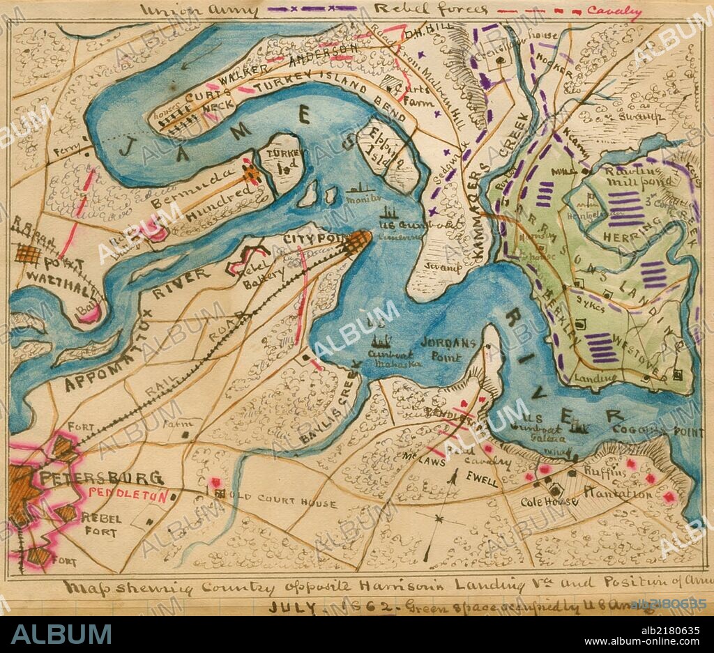 location along the James River between Petersburg and Harrison's Landing, Va., of the camps of the U.S. Army of the Potomac after the Seven Days' Battles, 26 June-1 July 1862. Positions of U.S. gunboats are indicated along the James River as well as Confederate strongholds and positions of the Cavalry.
