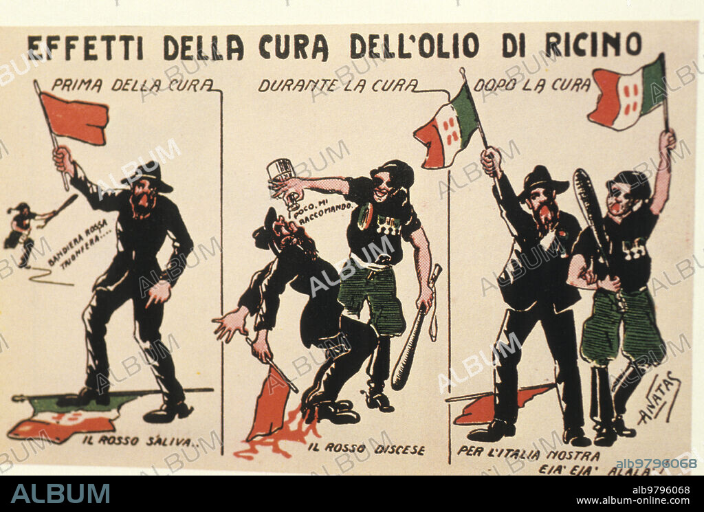 Effects of castor oil, Fascist postcard, 1921.