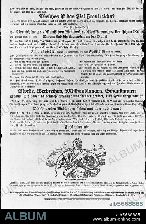 Ruhrkampf 1923. (Passiver Widerstand gegen die Besetzung des Ruhrgebiets durch französische und belgische Truppen am 11. Januar 1923). - "Morde, Verbrechen, Mißhandlungen, (...) "- Flugblatt (Rückseite), gegen die Besetzung des Ruhrgebietes, hrsg. vom Verlag der Dt. Akademischen Stimmen, München 1923. Berlin, Sammlung Archiv für Kunst und Geschichte.