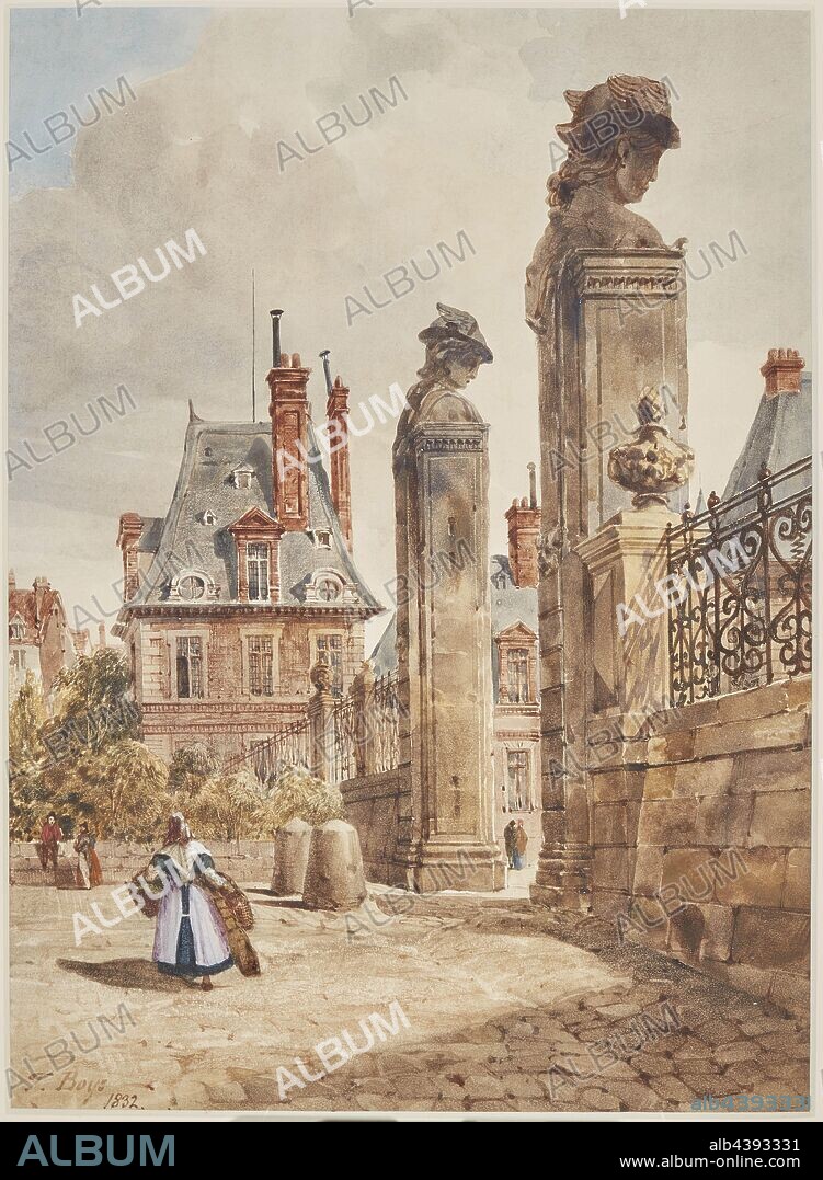 Grille des Hermès, Porte Dauphine, Palace of Fontainebleau, Thomas Shotter Boys (English, 1803-1874), 1832, watercolor with touches of gum Arabic on white paper, 13-7/8 x 10-3/16 in., signed and dated in ink, L.L.: T. Boys, 1832.