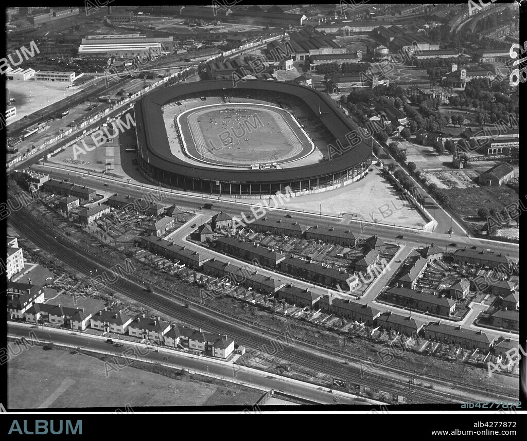 AEROFILMS. White City Stadium, Shepherd's Bush, London, 1935. The stadium was built for the 1908 Olympic Games held in London. The stadium was a venue for various sports during its history and was particularly associated with greyhound racing and speedway after the Second World War. It was demolished in 1985 and the site was redeveloped as the BBC White City complex.