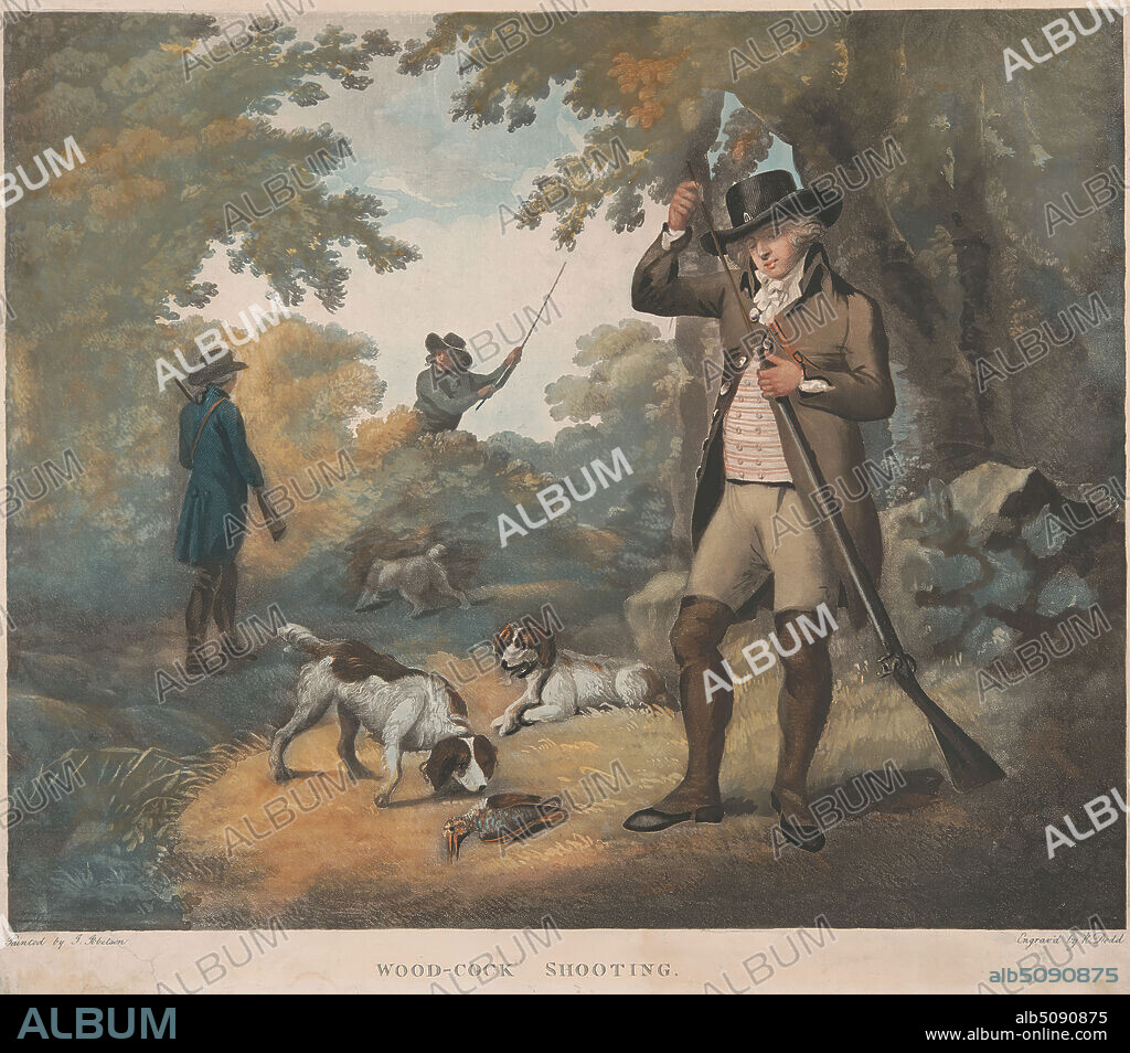 Two of a set of six: 2. Wood-Cock Shooting., Robert Dodd, 17481816, British, after Julius Caesar Ibbetson, 17591817, British, 1790, Hand colored and printed aquatint, Sheet: 11 7/8 x 14 1/2in. (30.2 x 36.8cm).