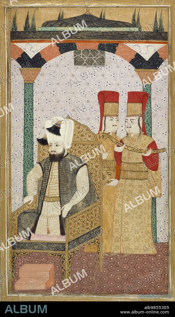 Sultan Mehmet III (reigned 1595-1603) Enthroned, Attended by Two Janissaries, c1600.