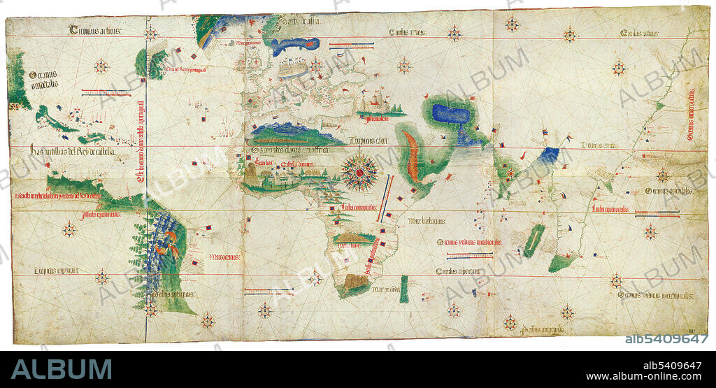 The Cantino planisphere or Cantino world map is the earliest surviving map showing Portuguese geographic discoveries in the east and west. It is named after Alberto Cantino, an agent for the Duke of Ferrara, who successfully smuggled it from Portugal to Italy in 1502. The map is notable for portraying a fragmentary record of the Brazilian coast, and for depicting the African coast of the Atlantic and Indian Oceans with a remarkable accuracy and detail. It contains unique historical information about the maritime exploration and the evolution of nautical cartography. The Cantino planisphere is the earliest extant nautical chart where places (in Africa and parts of Brazil and India) are depicted according to their astronomically observed latitudes. While it enlightened the Italians to many new territories yet unknown to them, it was obsolete within months due to subsequent mapping voyages by the Portuguese.