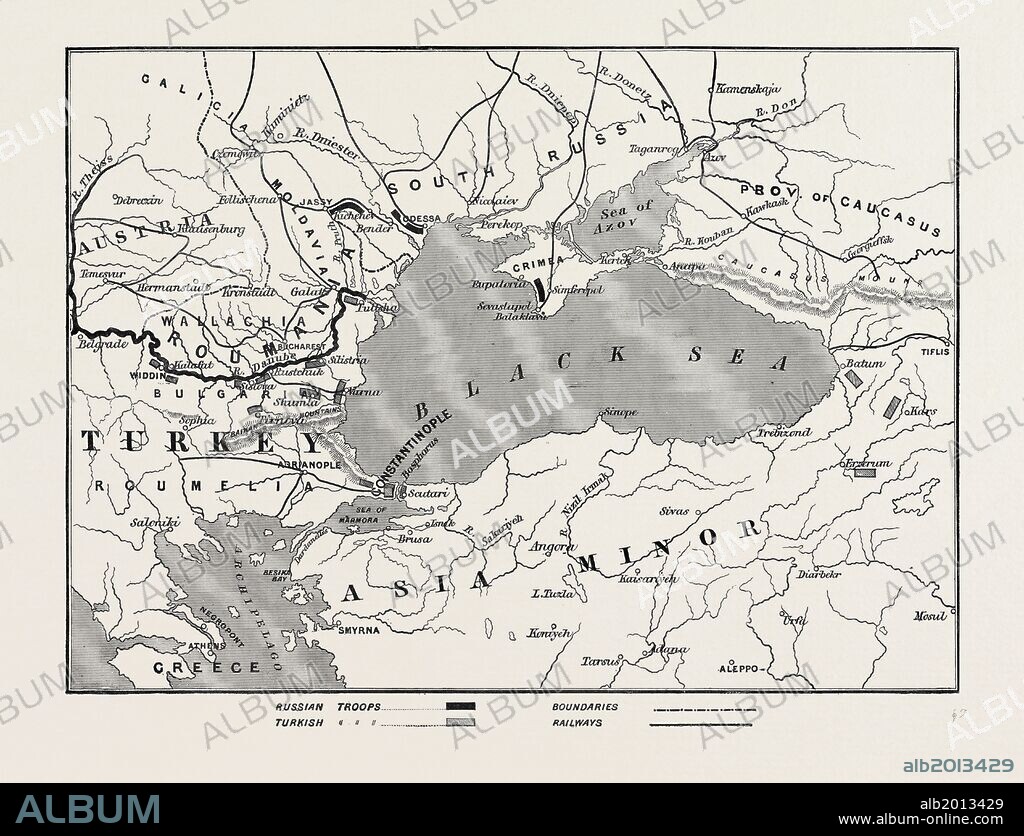 THE IMPENDING WAR, MAP OF TURKEY AND SOUTHERN RUSSIA, SHOWING THE RELATIVE POSITIONS OF THE RUSSIAN AND TURKISH ARMIES, 1877.