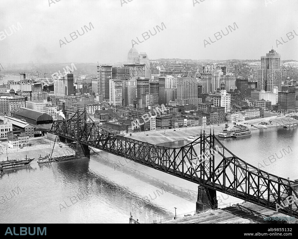 Wabash Bridge over Monongahela River and cityscape, Pittsburgh, Pennsylvania, USA, Arthur Rothstein, U.S. Farm Security Administration, July 1938.