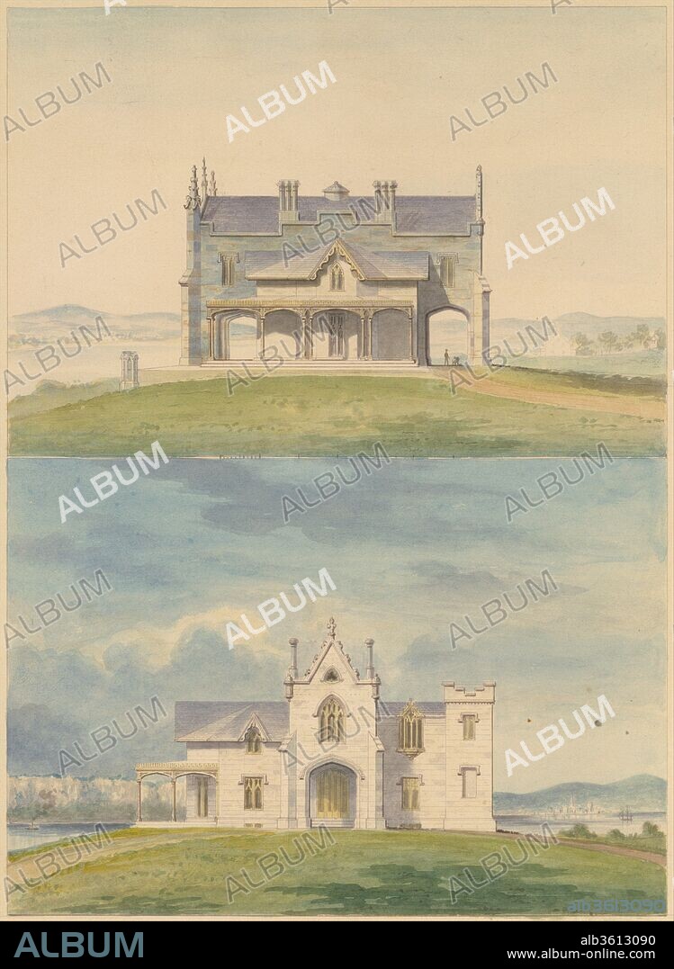 Knoll for William and Philip R. Paulding, Tarrytown (south and east [front] elevations). Artist: Alexander Jackson Davis (American, New York 1803-1892 West Orange, New Jersey). Dimensions: image: 11 x 8 in. (27.9 x 20.3 cm)
sheet: 14 1/4 x 10 3/16 in. (36.2 x 25.9 cm). Date: 1838.