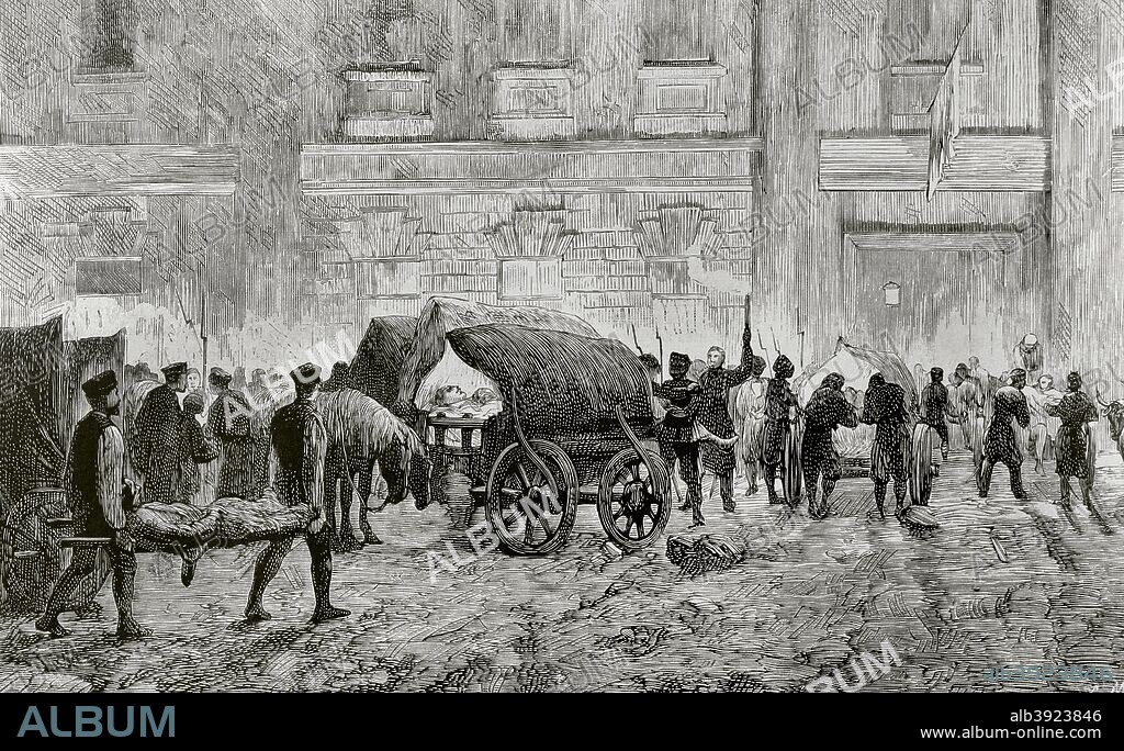 The Eastern Question. Serbian-Turkish Wars (1876-1878). Serbia declared war on the Ottoman Empire on June 30, 1876. The Battle of Alexinatz. The Turkish army, commanded by Ali Saib Pasha, attacked the head of Alexinatz's fortified bridge over the Morav river, retreating the Serbs. Arrival of the injured at the St. Thomas Hospital, in the besieged city, which was in charge of the English section of the Red Cross. The new Sultan, Abdul Hamid II (1876-1909), was able to celebrate a victory over the Serbs on 1st September 1876 at Alexinatz. Engraving. La Ilustracion Espa–ola y Americana, September 15, 1876.