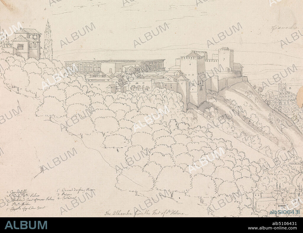 The Alhambra From the Fort of St. Helena, Henry Swinburne, 17431803, British, 1775 to 1776, Pen and gray ink, gray wash and graphite on medium, moderately textured, cream, laid paper, mounted on, moderately thick, slightly textured, cream, wove paper, Mount: 16 3/8 × 11 1/8 inches (41.6 × 28.3 cm) and Sheet: 6 × 8 3/8 inches (15.2 × 21.3 cm).