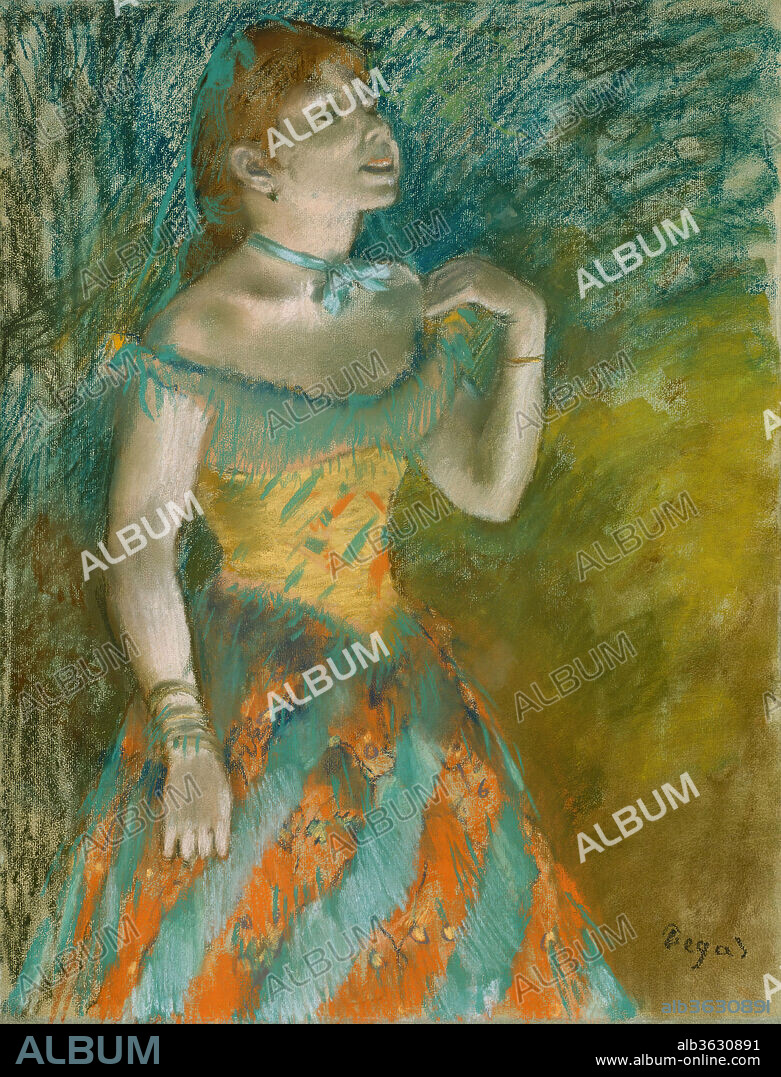 The Singer in Green. Artist: Edgar Degas (French, Paris 1834-1917 Paris). Dimensions: 23 3/4 x 18 1/4 in. (60.3 x 46.4 cm). Date: ca. 1884.
A sale catalogue of 1898 evocatively described the performer pictured in this pastel: "Skinny and with the graceful moves of a little monkey, she has just sung her ribald verses and, with a gesture that conceals an entreaty behind her smile, is inviting applause." With her small eyes, high cheeks, and low brow, the model recalls Marie von Goethem, the working-class girl who posed for Degas's sculpture <i>The Little Fourteen-Year-Old Dancer</i>. The singer's dress, rendered in vivid yellow, turquoise, and orange, reflects the artist's experimentation with saturated hues and color contrasts in the mid-1880s.