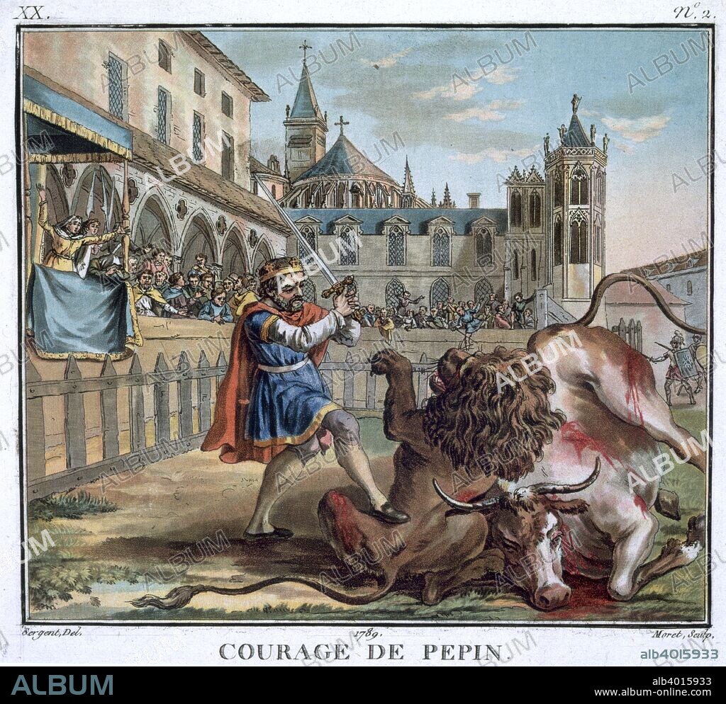 'The Courage of Pepin', 1789. Pepin (714-768), known as 'the Short', King of the Franks from 751, fighting a lion and a bull. Pepin was the father of Charlemagne.