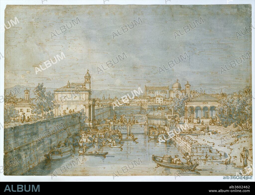 Padua: The River Bacchiglione and the Porta Portello. Artist: Canaletto (Giovanni Antonio Canal) (Italian, Venice 1697-1768 Venice). Dimensions: 7 5/16 x 10 7/16 in.  (18.5 x 26.5 cm). Date: ca. 1750-60.
In brown ink and grey wash, Canaletto captures the bustling traffic along the Brenta Canal in Padua. The monument at left, the Porta Portello, represents the old gate of Padua on the road to Venice. Designed in 1518 and a work of great distinction, it survives today much as Canaletto describes it. The bridge, too, stands on its original piers.
This drawing once formed part of the legendary collection of the French connoisseur, Pierre-Jean Mariette (1694-1774). His collector's mark appears on the sheet at the lower right. In his letter to a Venetian architect in 1768, Mariette recorded his admiration of the drawing, and of Canaletto as a view painter:
"M. Canale est excellent dans son genre. J'ai de lui quelques dessins qu'il a fait dans sa faveur, entre autres une vue de Padoue, qui est un excellent morceau. Si je trouvais quelques autres dessins de lui, du meme temps et de la meme force, j'en ferais volontiers l'acquisition." 
["Monsieur Canaletto is excellent in his genre. I have from him several drawings which he made in his prime, including among other things a view of Padua, which is an excellent piece. If I find other drawings by him, of the same period and the same quality, I will gladly acquire them."].