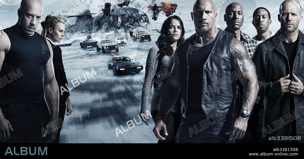 CHRIS "LUDACRIS" BRIDGES, TYRESE GIBSON, MICHELLE RODRIGUEZ, JASON STATHAM et CHARLIZE THERON. CHARLIZE THERON, JASON STATHAM, LUDACRIS, MICHELLE RODRIGUEZ et TYRESE GIBSON dans FAST & FURIOUS 8, 2017, réalisé par F. GARY GRAY. Copyright ITACA FILMS/ONE RACE FILMS/ORIGINAL FILM.