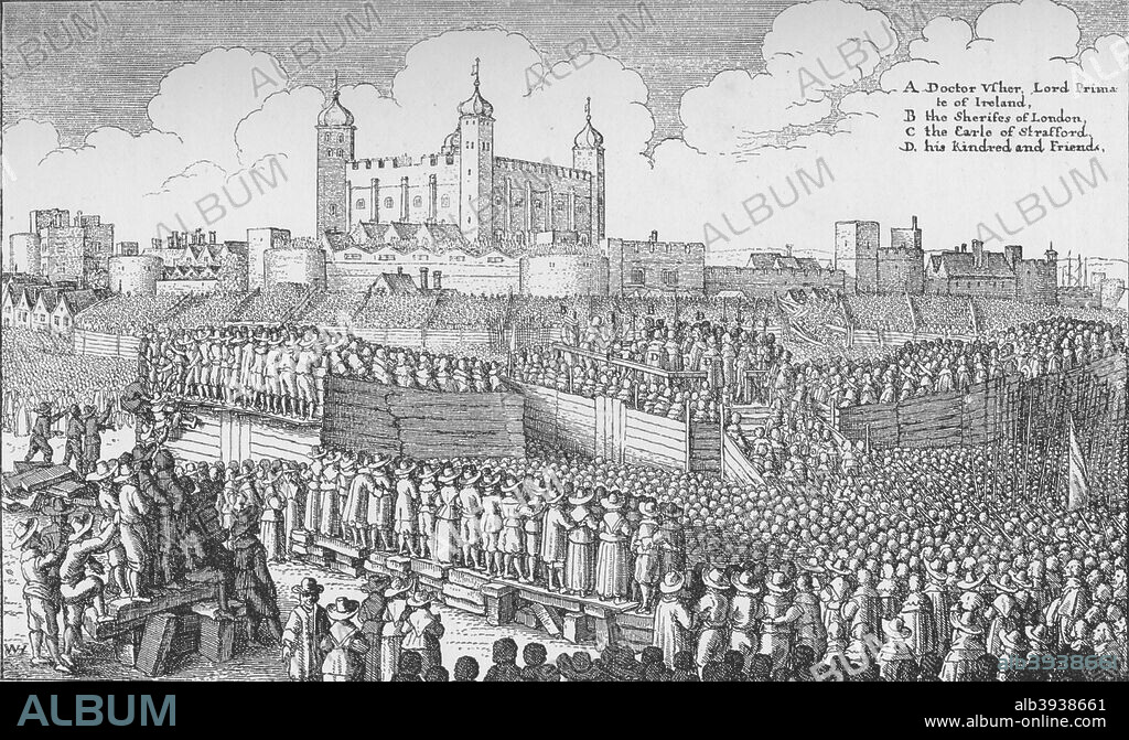 The execution of the Earl of Strafford on Tower Hill, London, 12 May 1641 (1903). Thomas Wentworth, 1st Earl of Strafford (1593-1641) was Lord Deputy of Ireland from 1632 until 1639, establishing a strong authoritarian rule. Recalled to England, he became a leading advisor to King Charles I, attempting to strengthen the royal position against Parliament. When Parliament condemned him to death, Charles signed the death warrant and Wentworth was executed. From London in the Time of the Stuarts, by Sir Walter Besant. [Adam & Charles Black, London, 1903].
