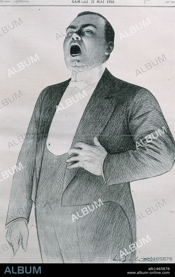 Enrico Caruso (1873-1921), Italian tenor. Drawing belonging to a performance in Paris, May 21, 1910. Publication of the epoch.