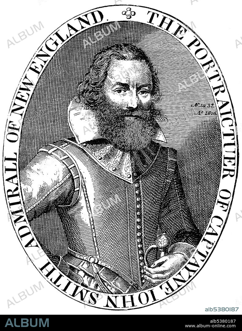Historical drawing from the U.S. history of the 17th century, portrait of Captain John Smith, 1580 - 1631, English mercenary, adventurer and founder of Jamestown, the first permanent English settlement in North America