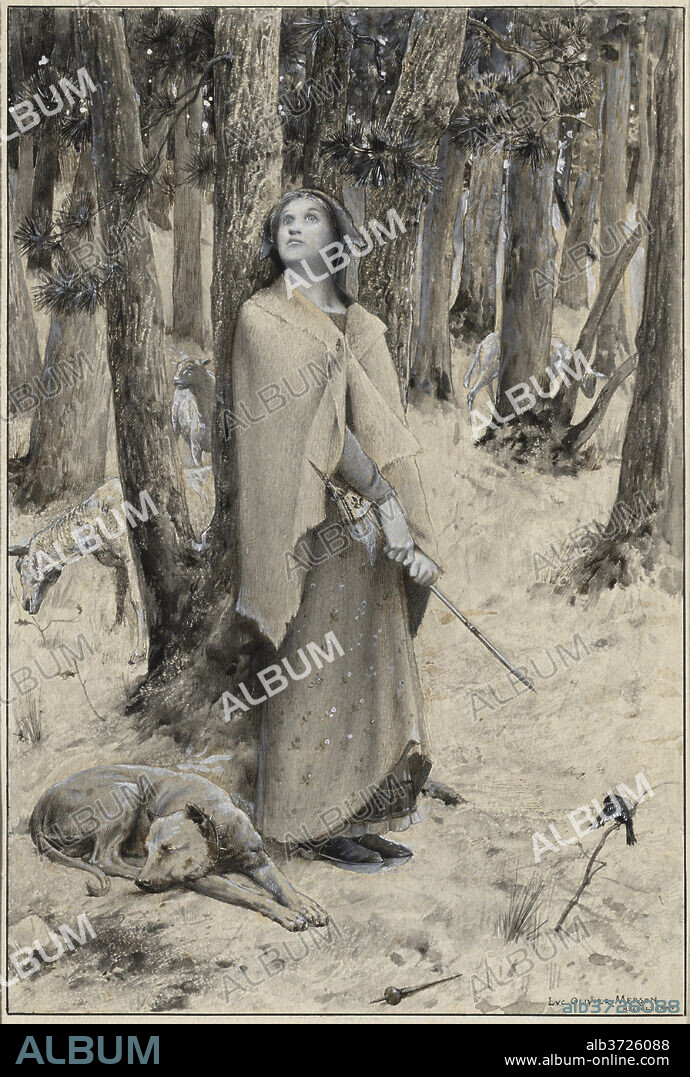 LUC OLIVIER MERSON. Joan of Arc Hearing the Voices. Dated: 1895. Dimensions: image: 34.1 × 23 cm (13 7/16 × 9 1/16 in.). Medium: pen and black and brown ink, with white gouache and gray wash on buff paper.