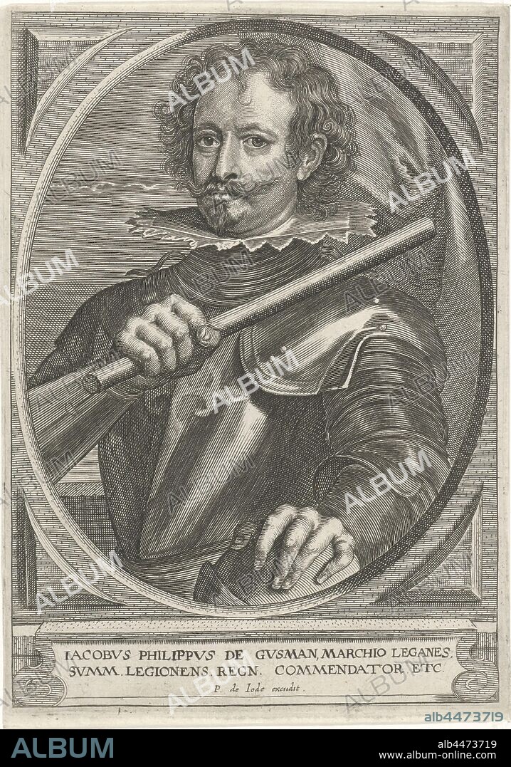 Portrait of Diego Felipez de Guzmán Theater pontificum, imperatorum, regum, ducum (...) (series title), Portrait of Diego Felipez de Guzmán, Marquis of Leganés, half-length. He wears armor and holds a command staff in his right hand, his left hand resting on his helmet. The portrait is set in an oval frame with square edging. In the context a two-part caption in Latin, Diego Felipez de Guzmán (Marquis of Leganés), Pieter de Jode (II) (mentioned on object), Antwerp, 1628 - 1670, paper, engraving, h 166 mm × w 118 mm.