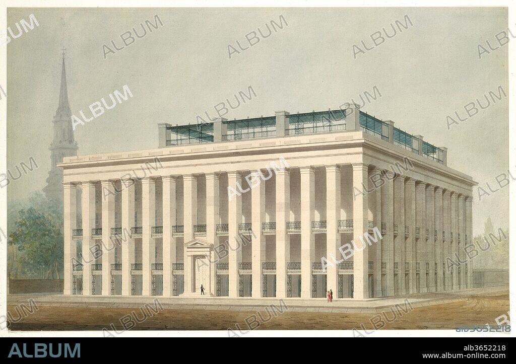 Proposal for Astor House (Park Hotel), New York (perspective). Architect: Designed by Ithiel Town (American, Thompson, Connecticut  1784-1844 New Haven, Connecticut). Artist: Alexander Jackson Davis (American, New York 1803-1892 West Orange, New Jersey). Dimensions: 20 5/16 x 31 1/2in. (51.6 x 80cm). Date: ca. 1830-34.
This drawing shows a design produced by A.J. Davis and Ithiel Town (as Town & Davis, 1829-1835) for the Astor House, the first luxury hotel in New York City envisioned by John Jacob Astor. Athough Town & Davis' imaginative study was very modern and quite spectacular, the actual commission went to Isaiah Rogers in 1834 and the hotel opened in 1836 as the Park Hotel. The south side of the building was demolished in 1913 to make way for the subway constructions, and the rest of the building was torn down in 1926.