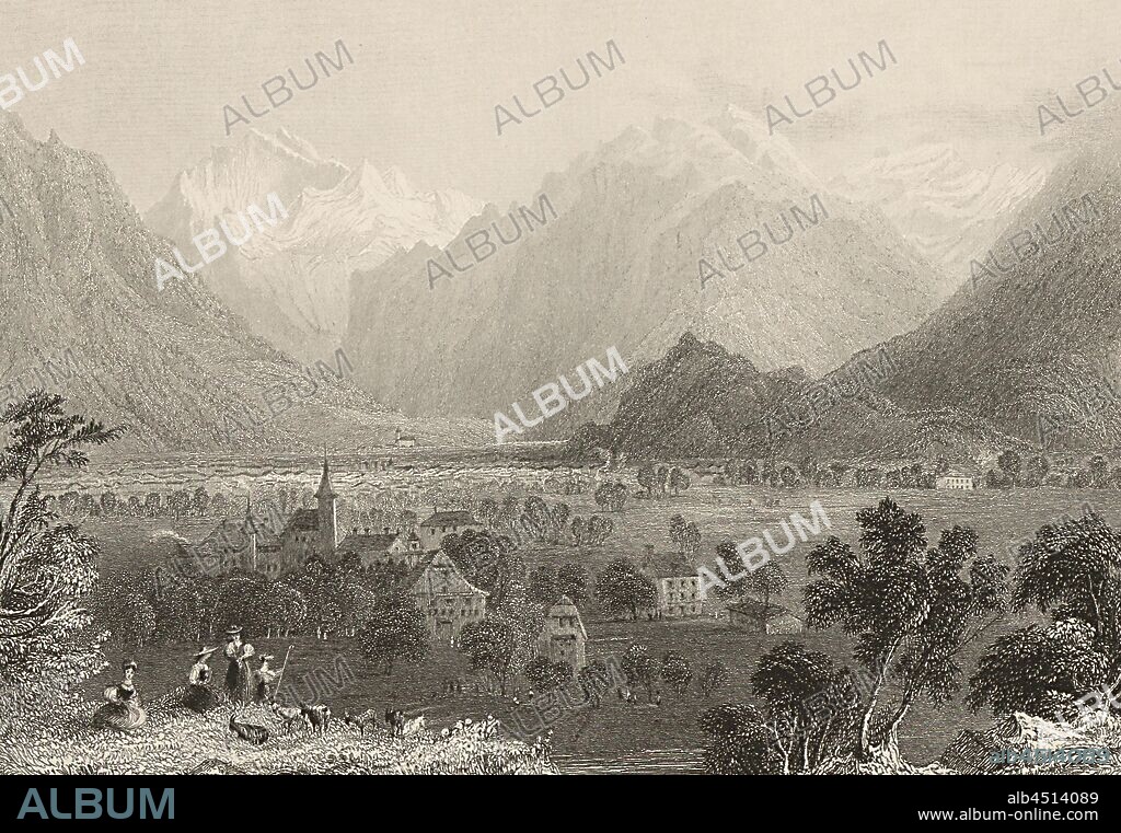 Interlacken. Canton Bern, View of Interlaken and the entrance to the Lauterbrunnen Valley, left in the background: Jungfrau, Signed: W.H. Bartlett, J.W. Appleton, plate 15, to p. 88 (vol. 2), Bartlett, William Henry; Appleton, J. W., 1835, William Beattie, Switzerland. London: Virtue, 1836.