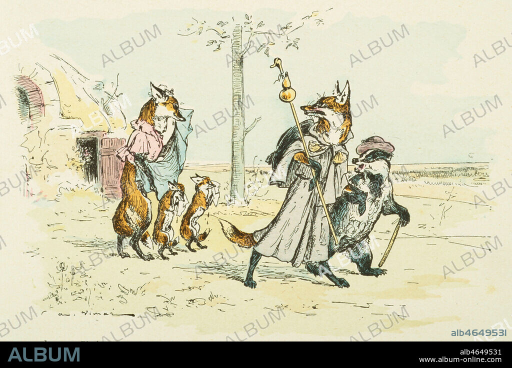 Renart prend conge des siens accompagne de Grimbert le blaireau. Illustration vers 1910 par Auguste VIMAR (1851-1916) pour le Roman de Renart. Credit : Collection KHARBINE-TAPABOR.