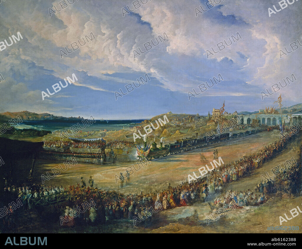 JENARO PEREZ VILLAAMIL (1807-1854). INAGURACION FERROCARRIL DE LANGREO POR REINA GOBERNADORA - ENTRADA EN GIJON - 1852 - 109x140 - ROMANTICISMO ESPAÑOL.