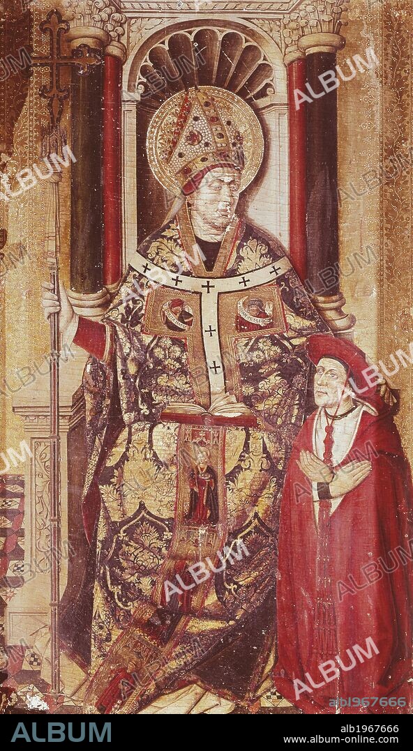 Ildefonso and Cardinal Alfonso Borgia, panel from the Borgia Triptych, 1447-1457, by Jacomart Baco (ca 1413-1461), panel. Jativa Cathedral, Spain.