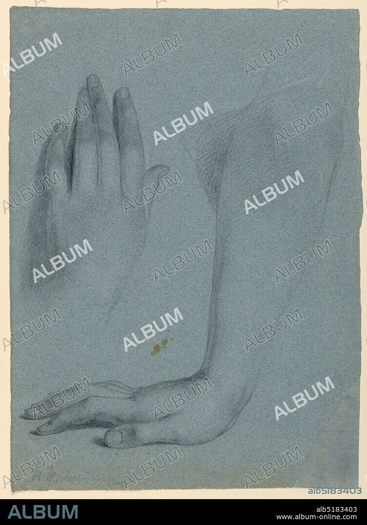 Mercy's Hand and Arm, Study for 'Mercy's Dream', Daniel Huntington, American, 18161906, Graphite on blue wove paper, Studies of hands for the figure of Mercy. Right hand pressing down on a surface, at right. At left, the back of the left hand. Verso: Study of drapery, falling mainly to the right., USA, 1857, figures, Drawing, Drawing.