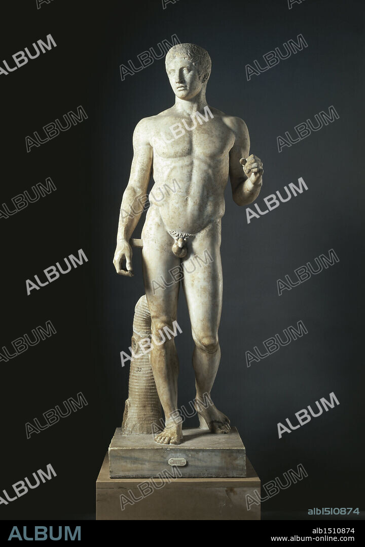 Roman civilization. Marble statue called Doryphoros (spear-bearer) of Pompei. Roman copy of a Greek original by Polykleitos.