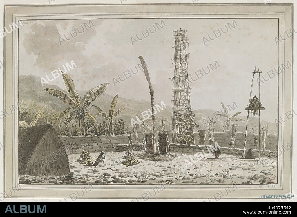 [Whole drawing] View of a 'morai' or burying place at Atooi [Kauai, Hawaiian Islands], which includes a long house, and tall open-work tower within a walled enclosure. Described in Captain Cook's journal on 21 January 1778. Drawings executed by John Webber during the Third Voyage of Captain Cook, 1777-1779. Hawaiian Islands [Kauai]; 1778. Source: Add. 15513, No.27. Language: English.