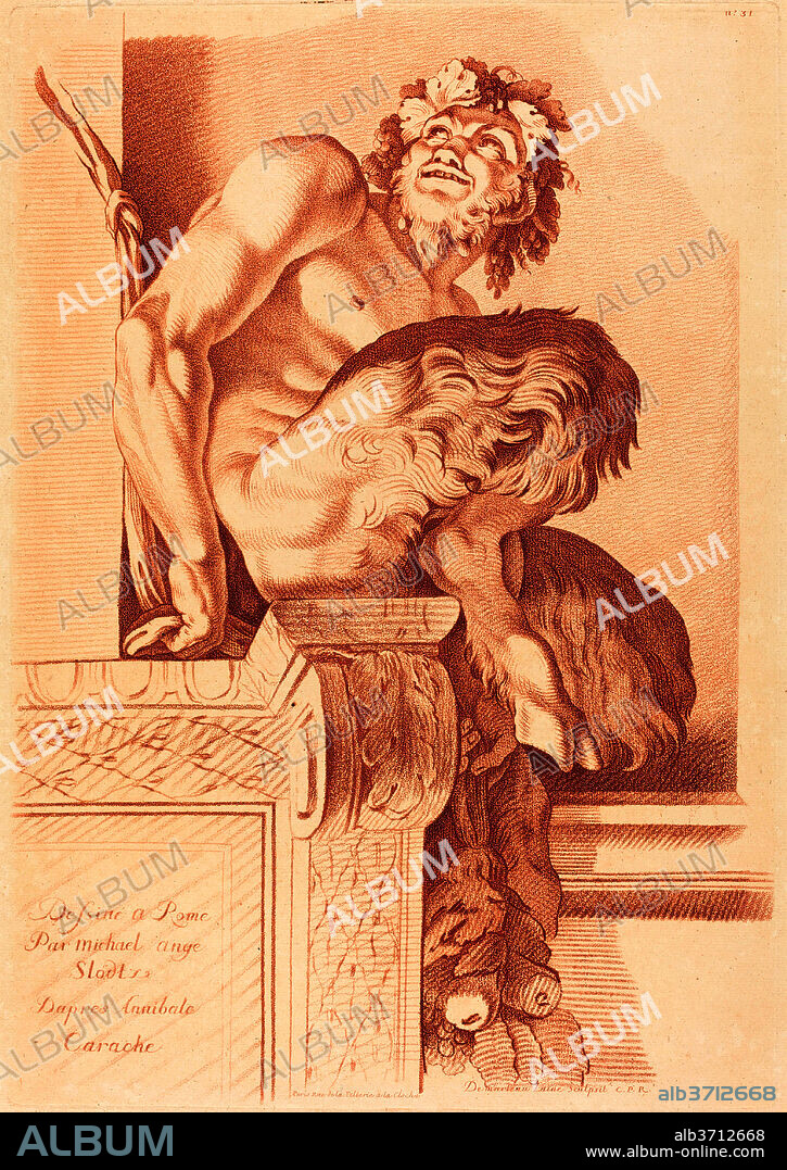 GILLES DEMARTEAU THE ELDER AFTER RENé MICHEL SLODTZ AFTER ANNIBALE CARRACCI. Satyr. Dimensions: plate: 55.6 x 39 cm (21 7/8 x 15 3/8 in.)  sheet: 67 x 50 cm (26 3/8 x 19 11/16 in.). Medium: chalk manner printed in red on laid paper.