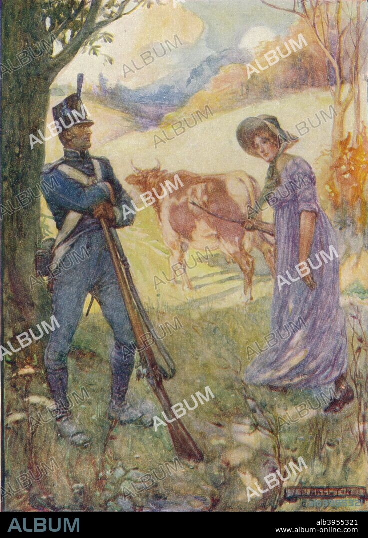 'Driving A Cow Before Her, Laura Secord Passed The American Sentries', c1909, (c1920). Laura Secord (1775-1868) Canadian heroine of the War of 1812. She is known for having walked 20 miles out of American occupied territory in 1813 to warn British forces of an impending American attack. From Our Empire Story, by H. E. Marshall. [Thomas Nelson And Sons, London, c1920].
