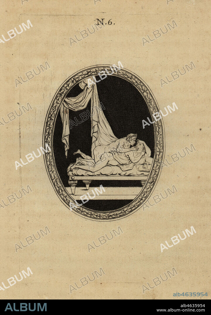 Augustus prostitutes himself to his great-uncle Julius Caesar. Auguste qui se prostitue a son grand-oncle Cesar. Copperplate engraving from Pierre-Francois d'Hancarvilles Monumens de la Vie Privee des Douze Cesars, Chez Sabellus, Capri (Monuments of the Private Lives of 12 Caesars, Leclerc, Nancy) 1780. From imaginary Spintria, medals and cameos.