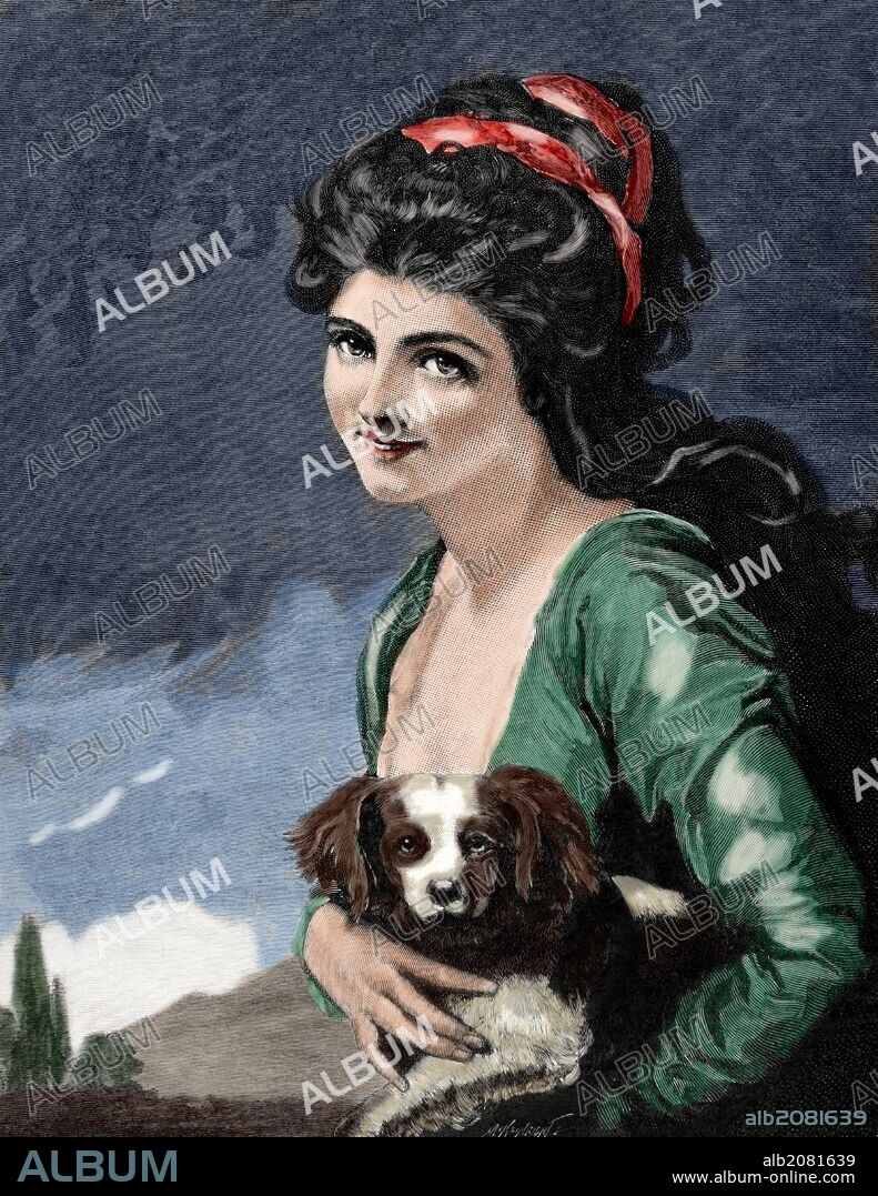 Emma, Lady Hamilton (1761-1815). Dama inglesa, esposa del embajador de Inglaterra en Nápoles, conocida sobre todo por haber sido la amante de Lord Nelson y como la musa de George Romney. Grabado por M. Klinkicht. "La Ilustración Ibérica", año 1886. Coloreado.