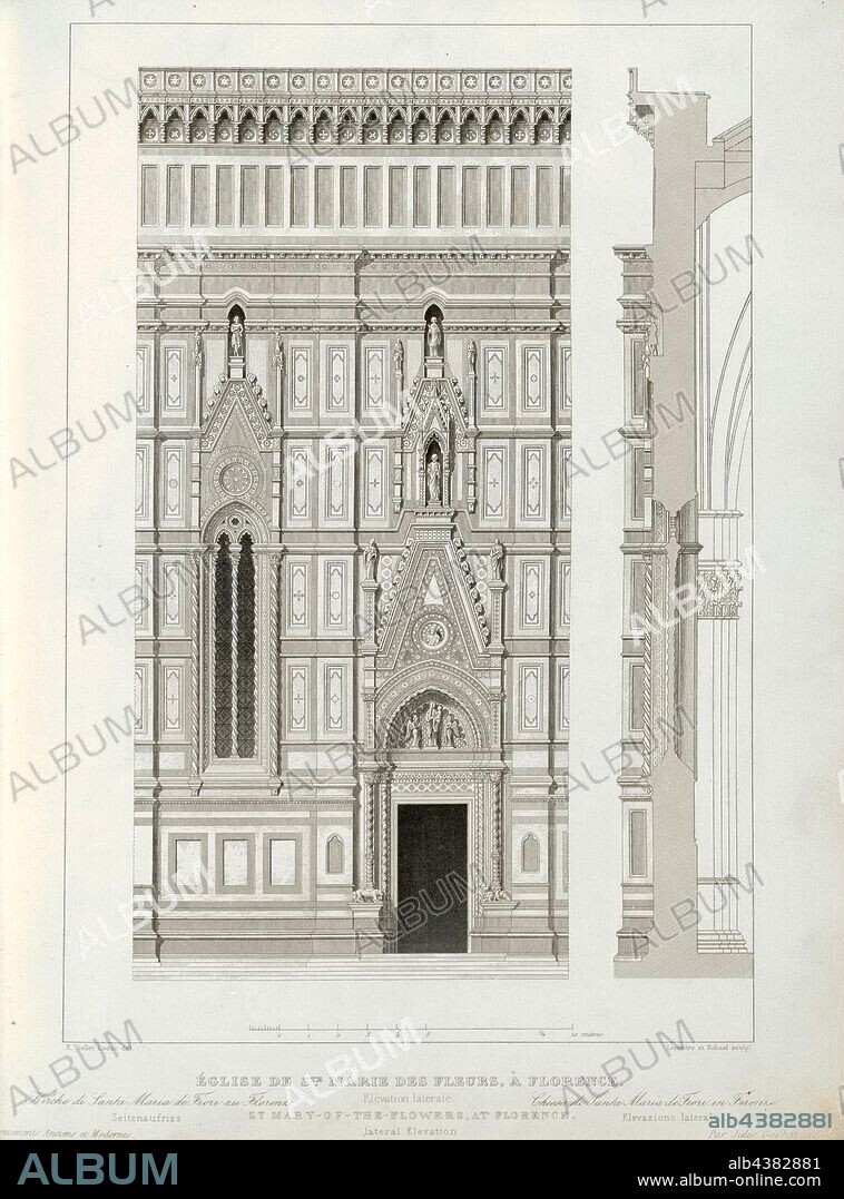 Church of St. Marie-des-Fleurs, in Florence. Side elevation, Santa Maria del Fiore Cathedral in Florence, signed: E. Viollet Leduc del, Lemaitre et Schaal sculp, Pl., 28, Viollet-le-Duc, Eugène-Emmanuel (del.); Lemaître, Augustin François (sc.); Schaal, Louis Jacques Nicolas (sc.), 1853, Jules Gailhabaud: Monuments anciens et modernes: collection formant une histoire de l'architecture des différents peuples à toutes les époques. Paris: Librairie de Firmin Didot frères, 1853.