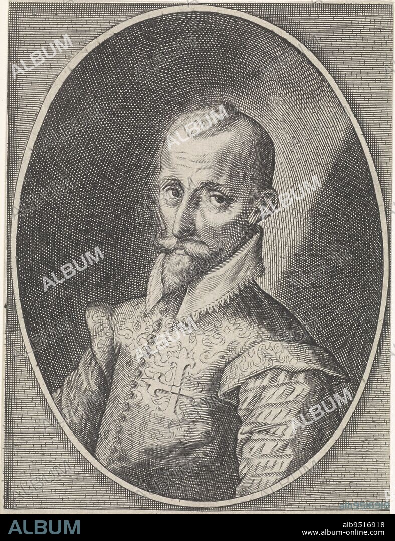 Portrait of Francisco Hurtado de Mendoza (1545- 1623), Admiral of Aragon, Spanish general in the 80 Years' War. Bust to left, a cross on chest, in an oval., Portrait Francisco Hurtado de Mendoza, Jacob Matham, print maker: anonymous, after: Pieter Isaacsz., 1600 - 1650, paper, engraving, h 184 mm × w 120 mm.